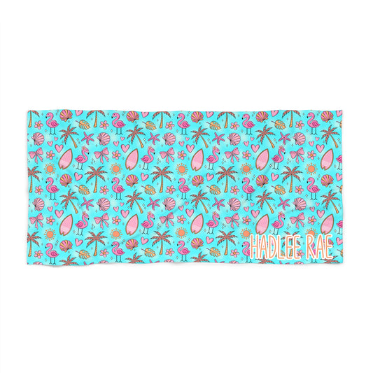 Beach Towel — Tropical Seashell & Palm Pattern (Personalized Name Option)