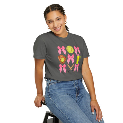 Softball Mom Graphic T‑Shirt — Pink Bows, Glove & Bat Design