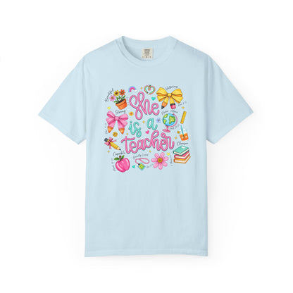 Teacher T-Shirt — "She is a Teacher" Cute School Supplies Design
