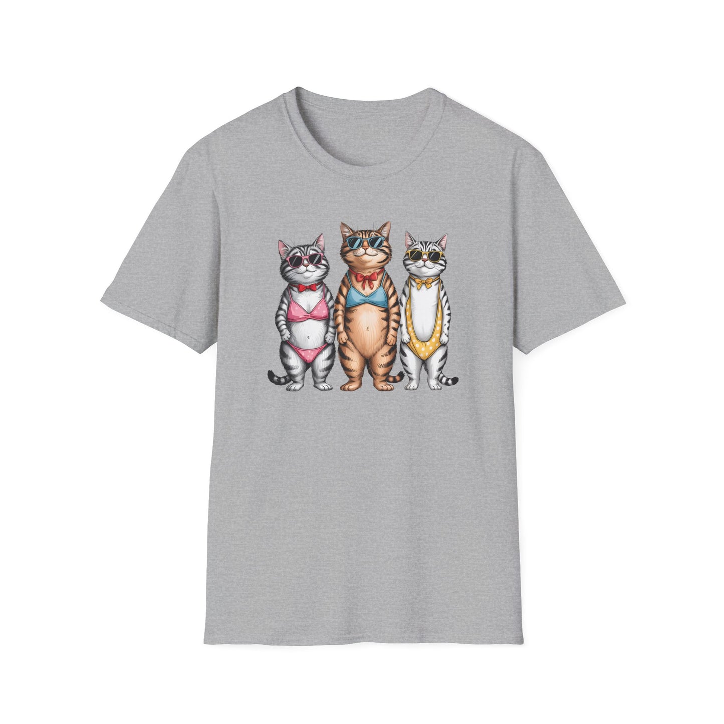 Funny Cats in Bathing Suits T-Shirt — Retro Trio Cat Beach Tee