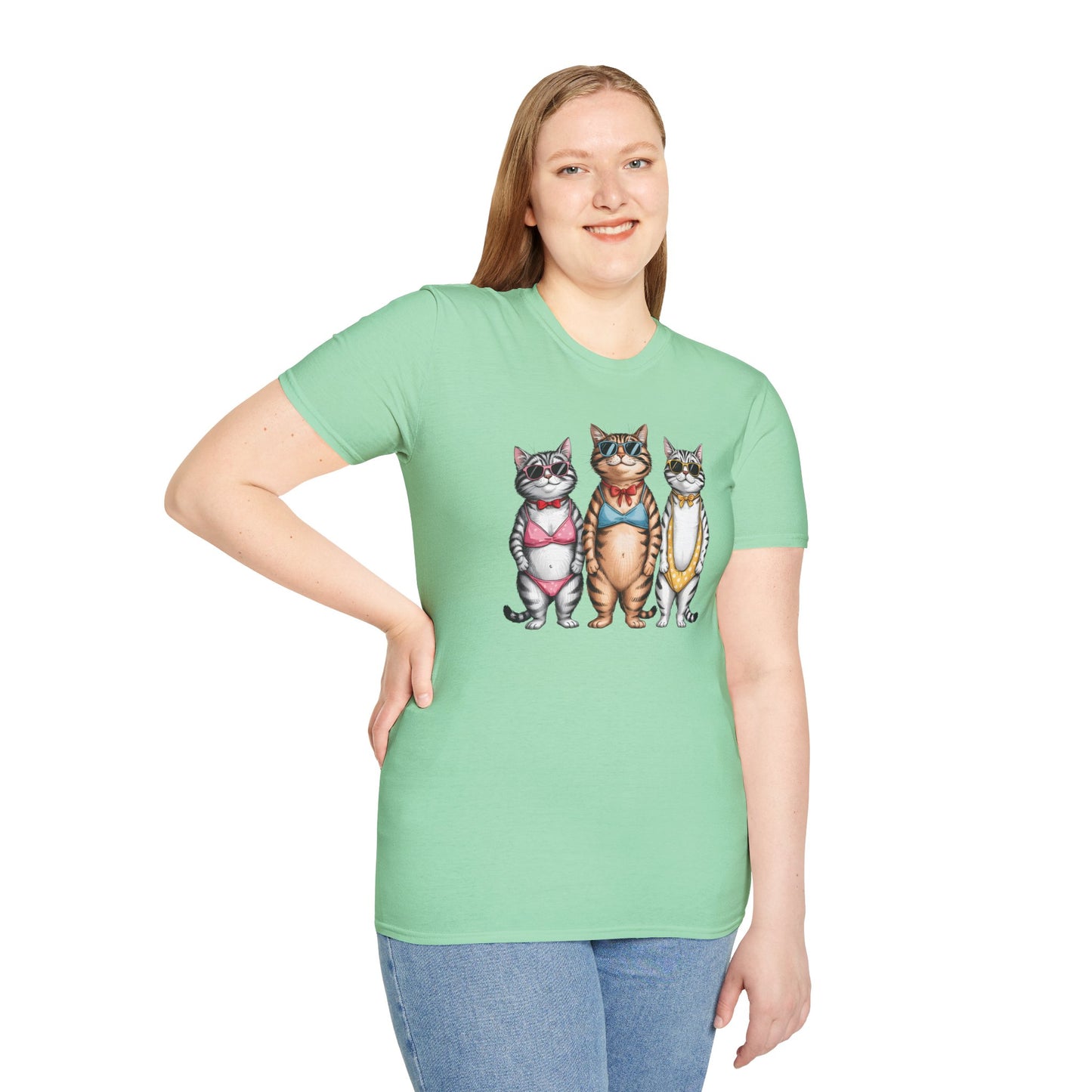 Funny Cats in Bathing Suits T-Shirt — Retro Trio Cat Beach Tee