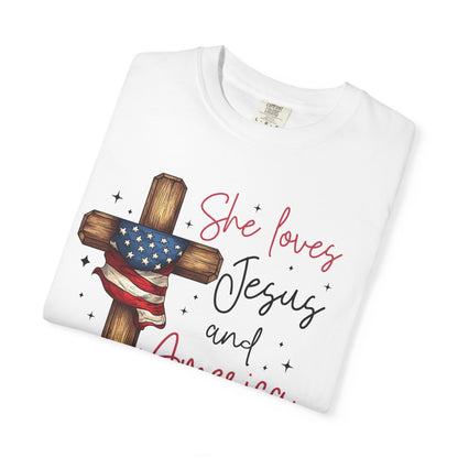 T-Shirt — "She Loves Jesus and America Too" Cross & Flag Faith Patriotic Tee