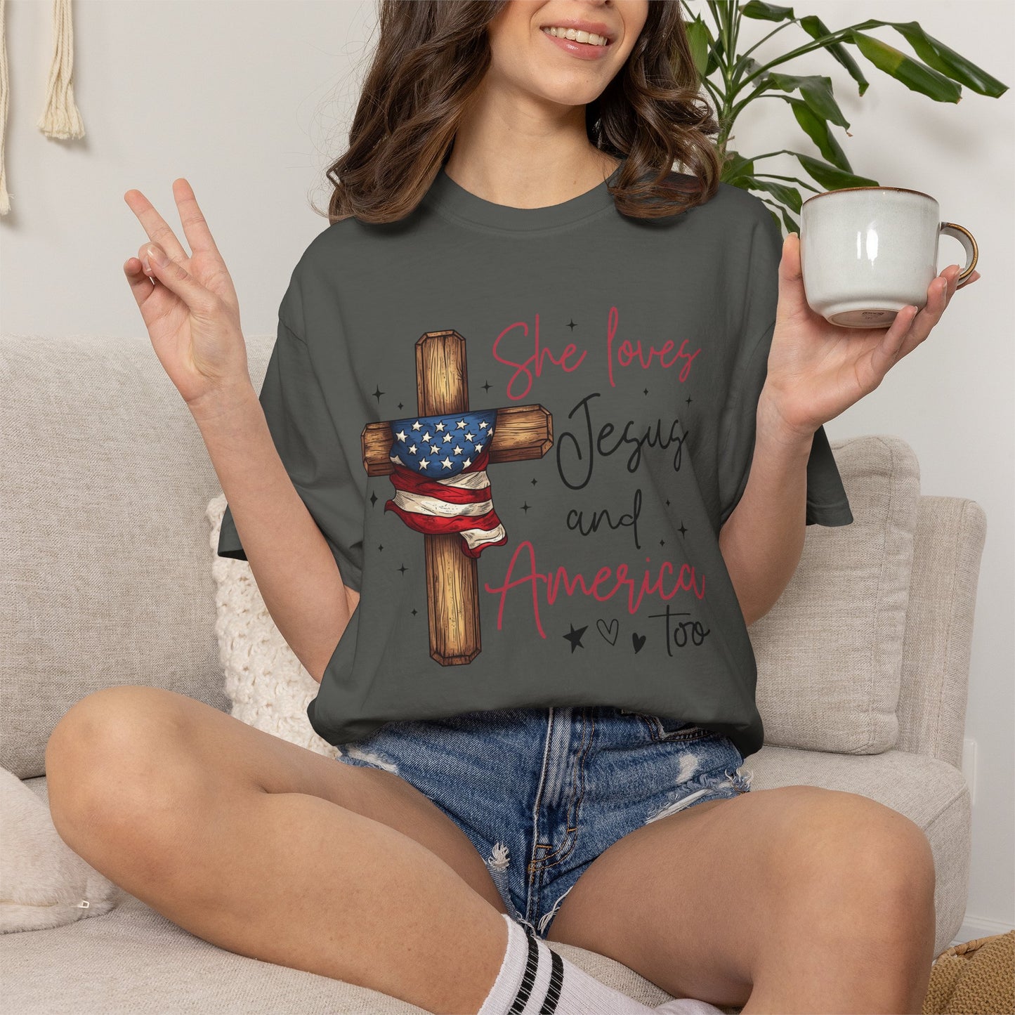 T-Shirt — "She Loves Jesus and America Too" Cross & Flag Faith Patriotic Tee