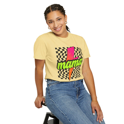 Mama Lightning Bolt T-Shirt — Retro Neon Checkered Graphic Tee for Moms
