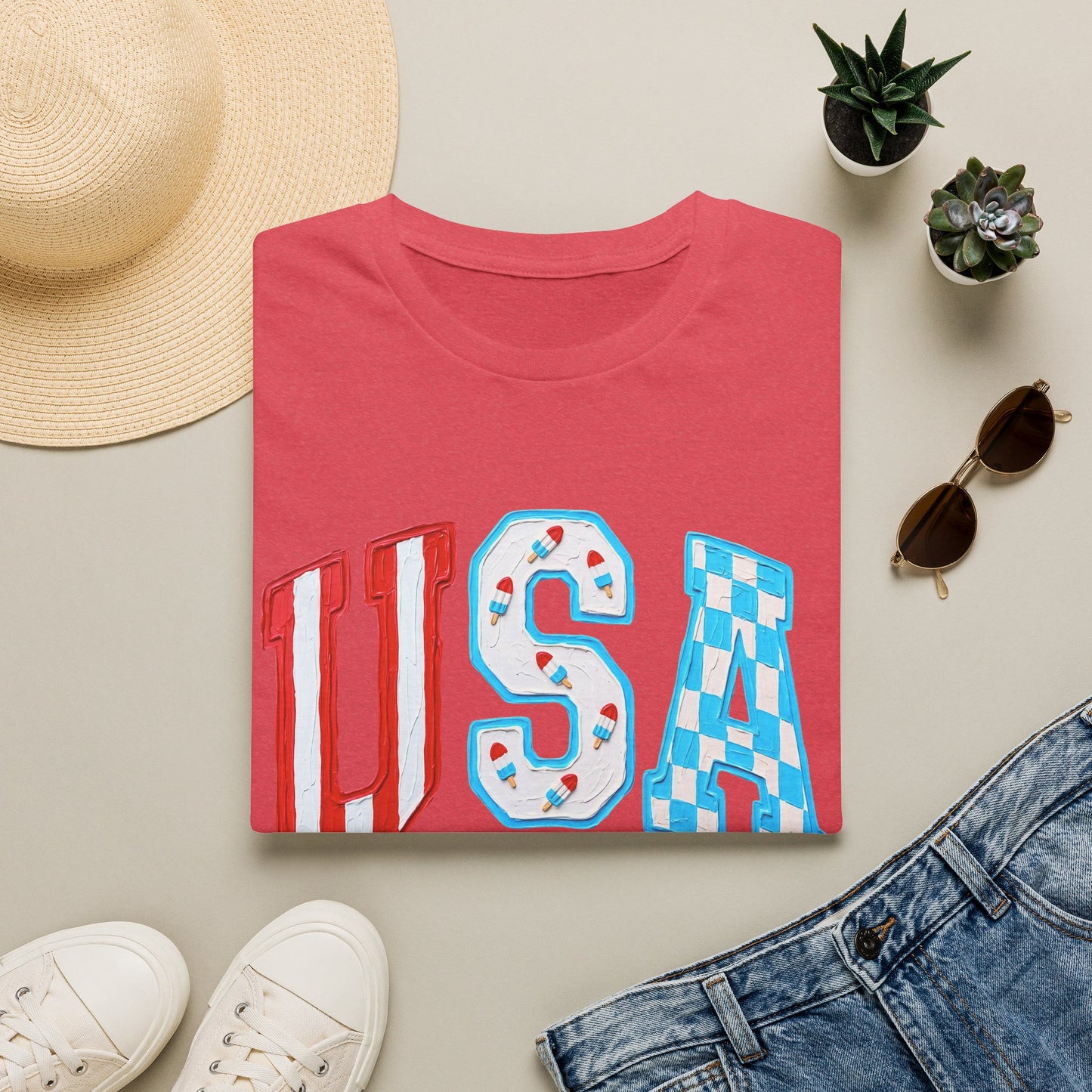 USA Patriotic T-Shirt — Red White & Blue Lettering Tee