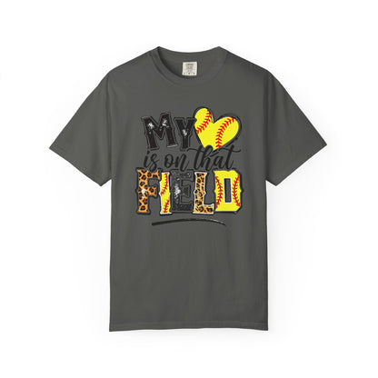 Softball Mom T-Shirt - "My Heart is on That Field" Leopard Stitch Design