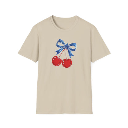 Cherry Graphic T-Shirt — Vintage Red Cherries with Blue Bow
