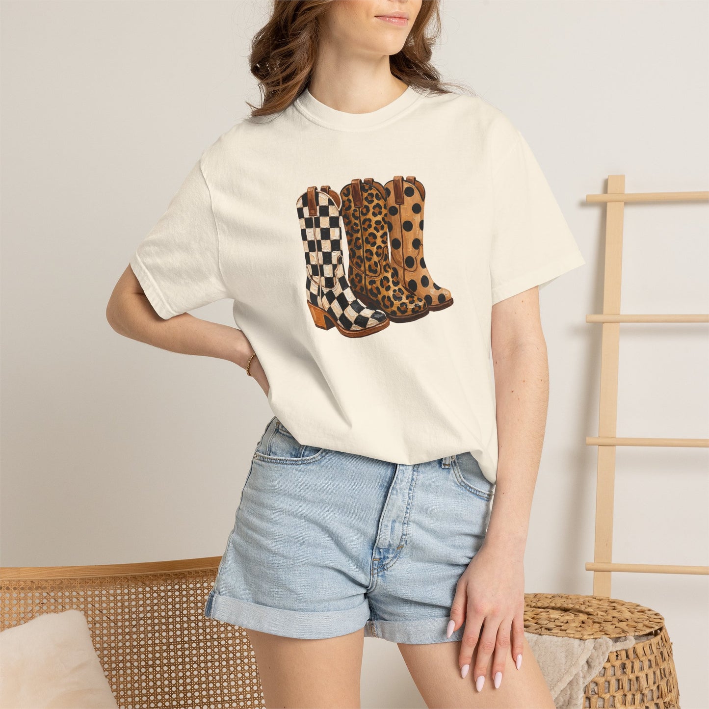 Cowgirl Boots Graphic T-Shirt — Checker & Leopard Print Western Tee
