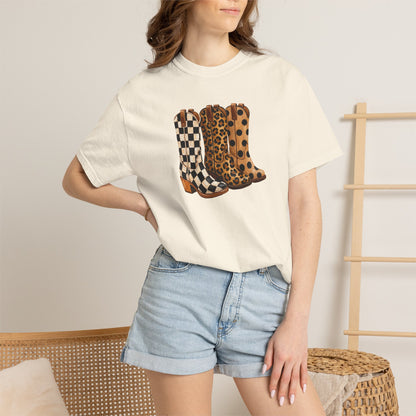 Cowgirl Boots Graphic T-Shirt — Checker & Leopard Print Western Tee