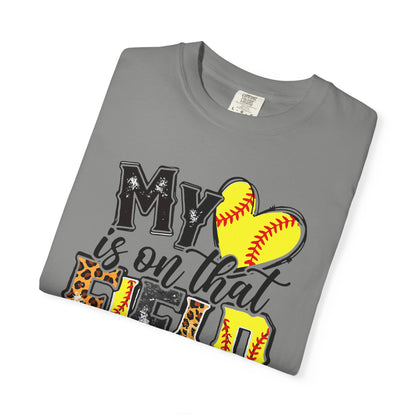 Softball Mom T-Shirt - "My Heart is on That Field" Leopard Stitch Design