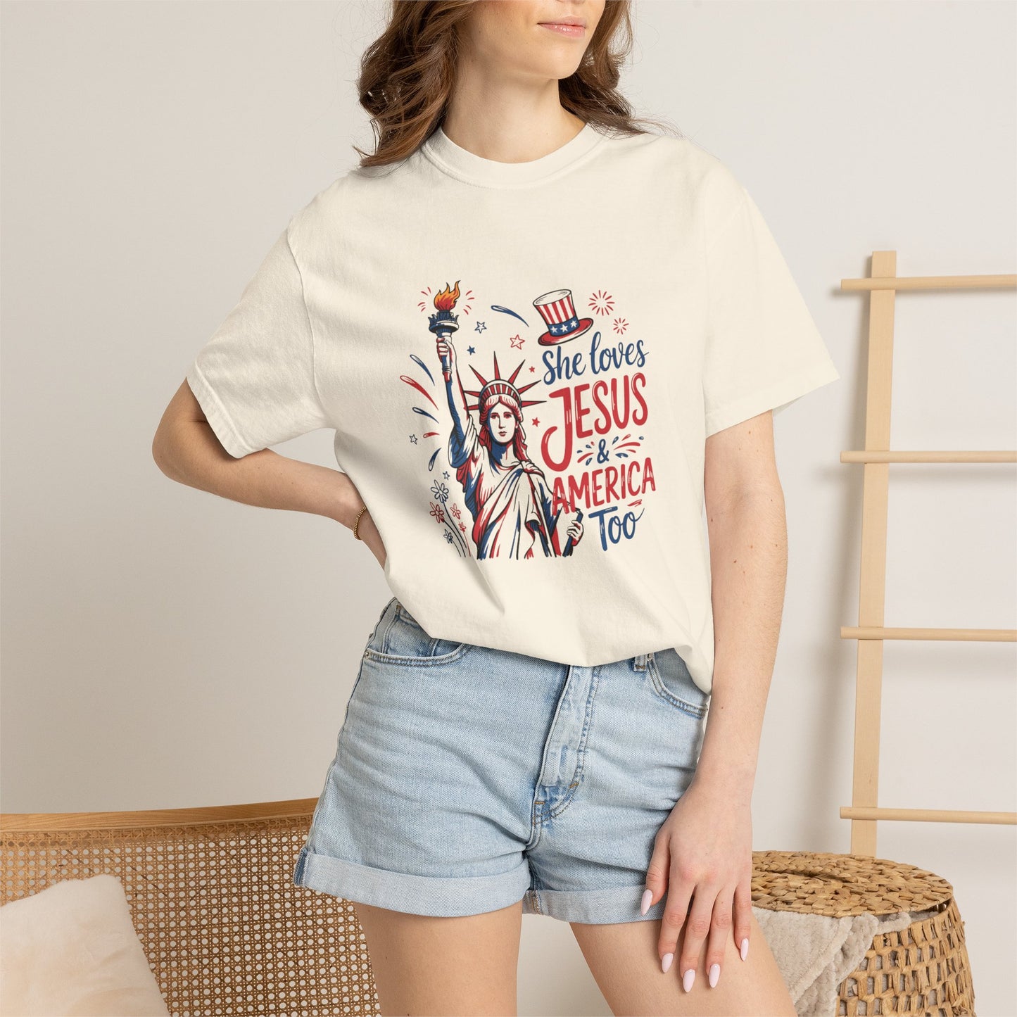 She Loves Jesus & America Tee — Patriotic Statue of Liberty Christian T-Shirt