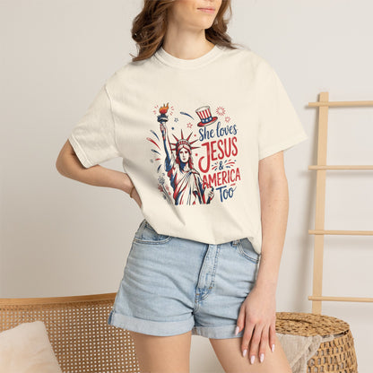 She Loves Jesus & America Tee — Patriotic Statue of Liberty Christian T-Shirt