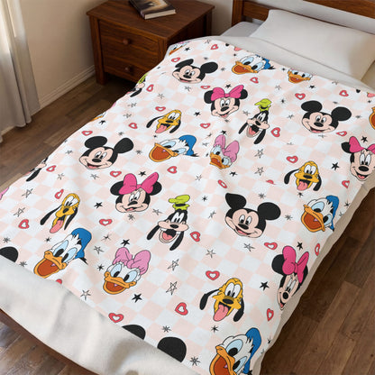 Disney Character Velveteen Plush Blanket — Mickey, Minnie, Donald & Daisy Faces Cozy Throw