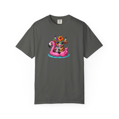 Cute cow on Pink Flamingo Float Graphic T-Shirt — Summer Pool Party Tee