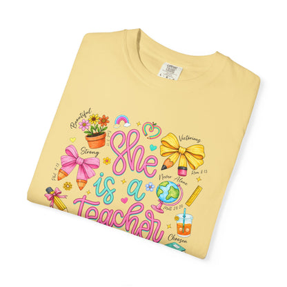 Teacher T-Shirt — "She is a Teacher" Cute School Supplies Design