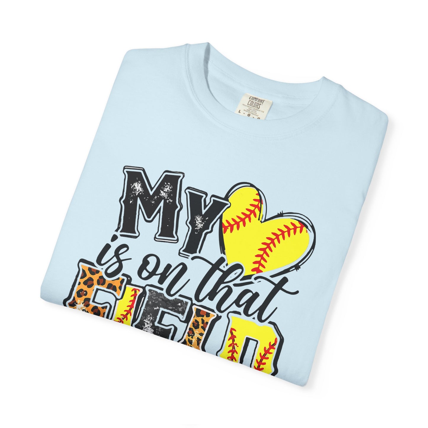 Softball Mom T-Shirt - "My Heart is on That Field" Leopard Stitch Design