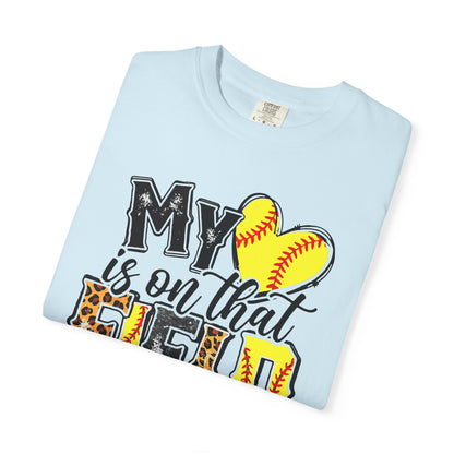 Softball Mom T-Shirt - "My Heart is on That Field" Leopard Stitch Design