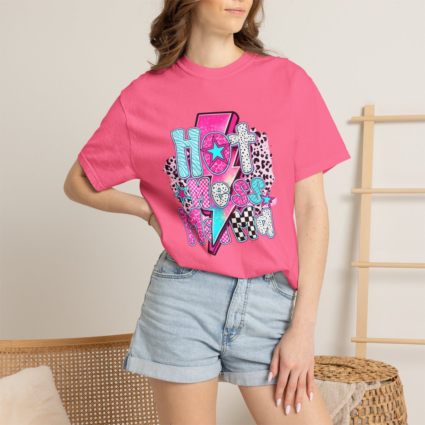 Retro Hot Mess Mama T-Shirt — Pink Lightning Graphic Tee