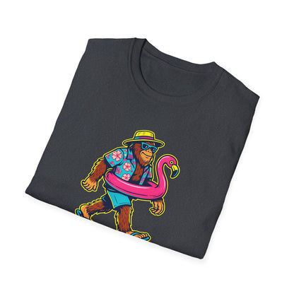 Beach Vacation Bigfoot Tee — Funny Sasquatch with Flamingo Float Shirt