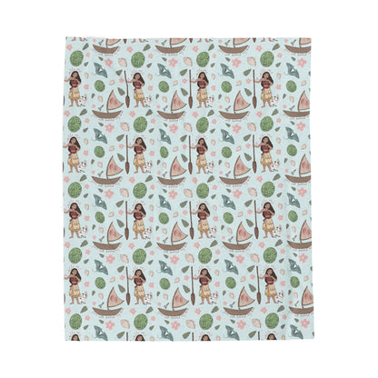 Island Girl Pattern Velveteen Plush Blanket – Tropical Boat & Palm Print Cozy Throw