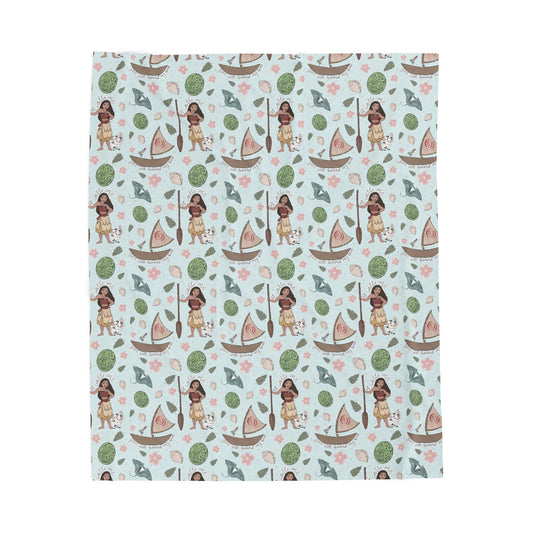 Island Girl Pattern Velveteen Plush Blanket – Tropical Boat & Palm Print Cozy Throw