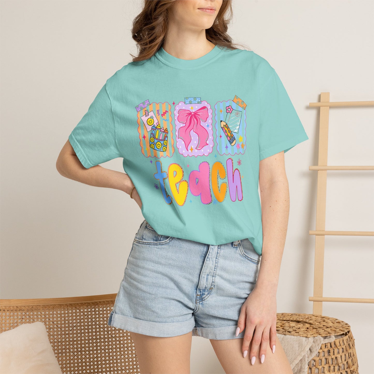 Teacher Gift T‑Shirt — Colorful 'Teach' Classroom Apple & Supplies Design