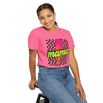 Mama Lightning Bolt T-Shirt — Retro Neon Checkered Graphic Tee for Moms