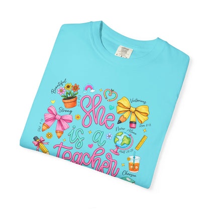 Teacher T-Shirt — "She is a Teacher" Cute School Supplies Design