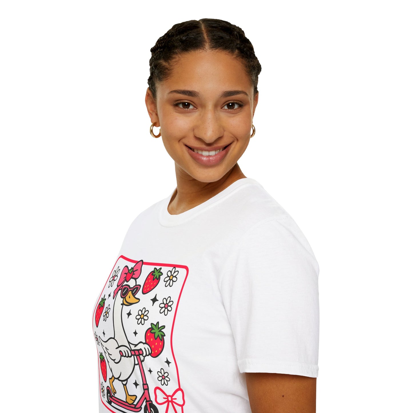 Cute Goose on Scooter T‑Shirt — Strawberry & Bow Graphic Tee