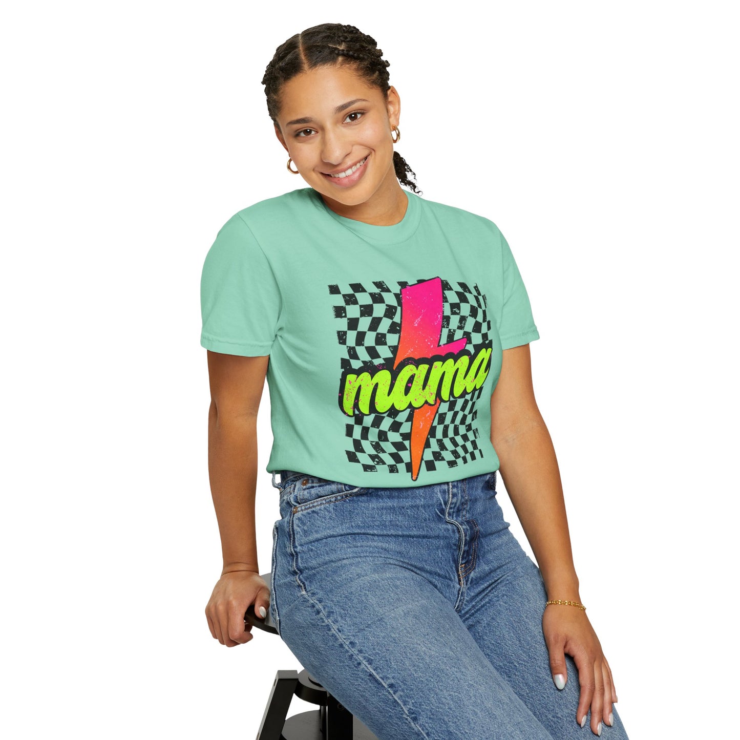 Mama Lightning Bolt T-Shirt — Retro Neon Checkered Graphic Tee for Moms