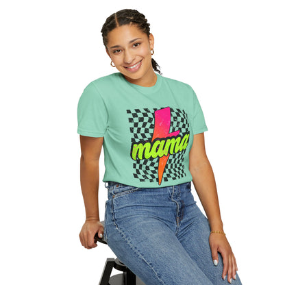 Mama Lightning Bolt T-Shirt — Retro Neon Checkered Graphic Tee for Moms