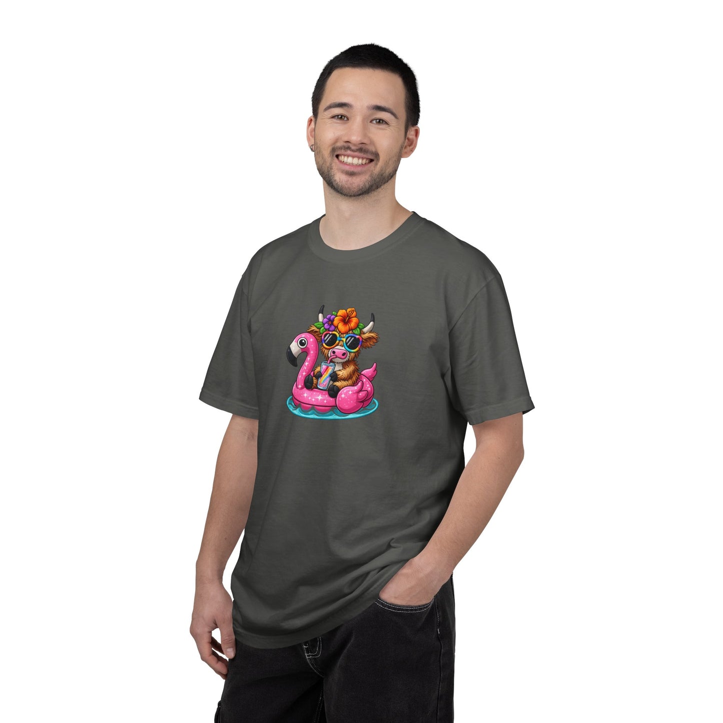 Cute cow on Pink Flamingo Float Graphic T-Shirt — Summer Pool Party Tee
