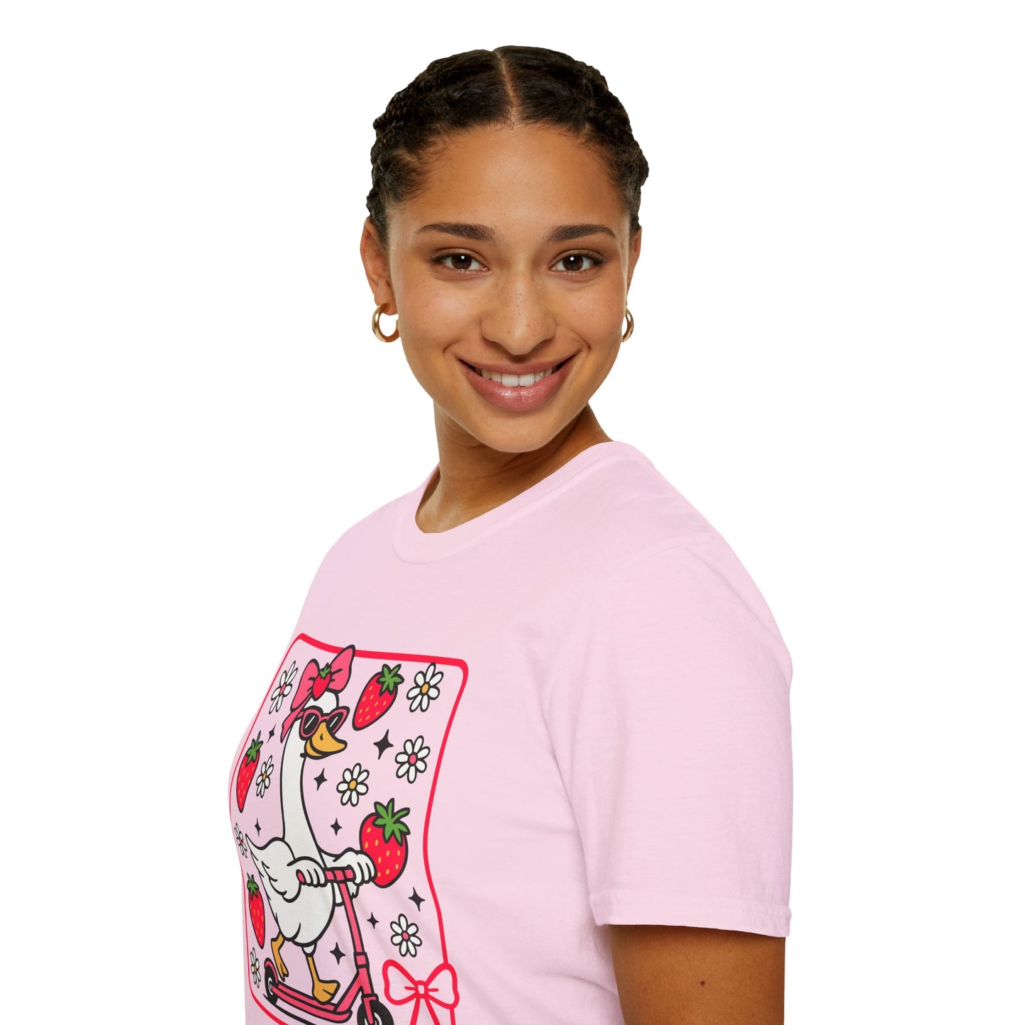 Cute Goose on Scooter T‑Shirt — Strawberry & Bow Graphic Tee