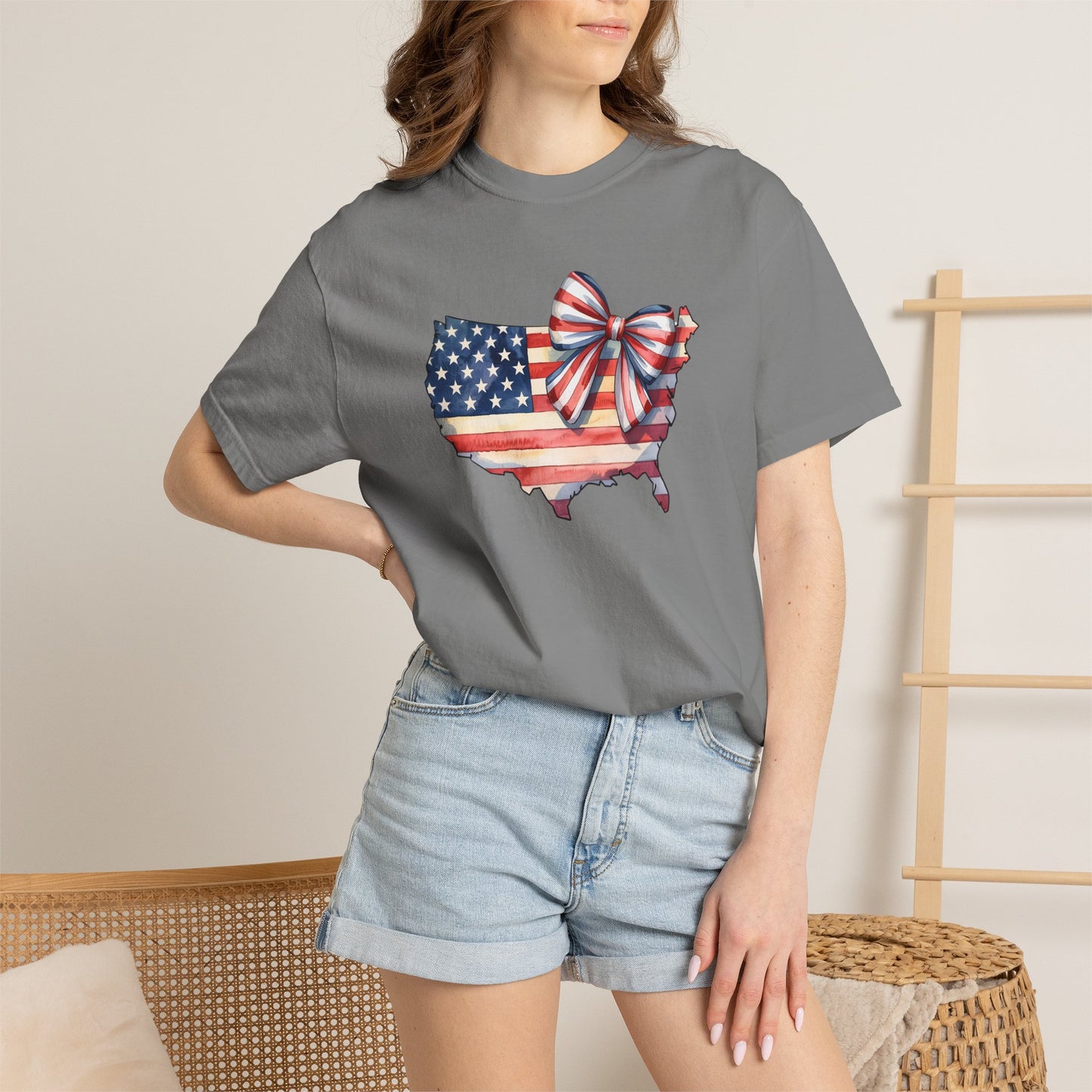 USA Flag Map T‑Shirt with Patriotic Bow — Fourth of July American Pride Tee