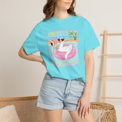 Summer Flamingo Pool Float T-Shirt – ‘Good Vibes & Sunshine’ Beach Tee