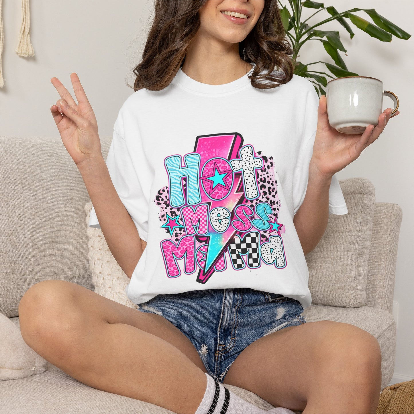 Retro Hot Mess Mama T-Shirt — Pink Lightning Graphic Tee