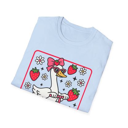 Cute Goose on Scooter T‑Shirt — Strawberry & Bow Graphic Tee
