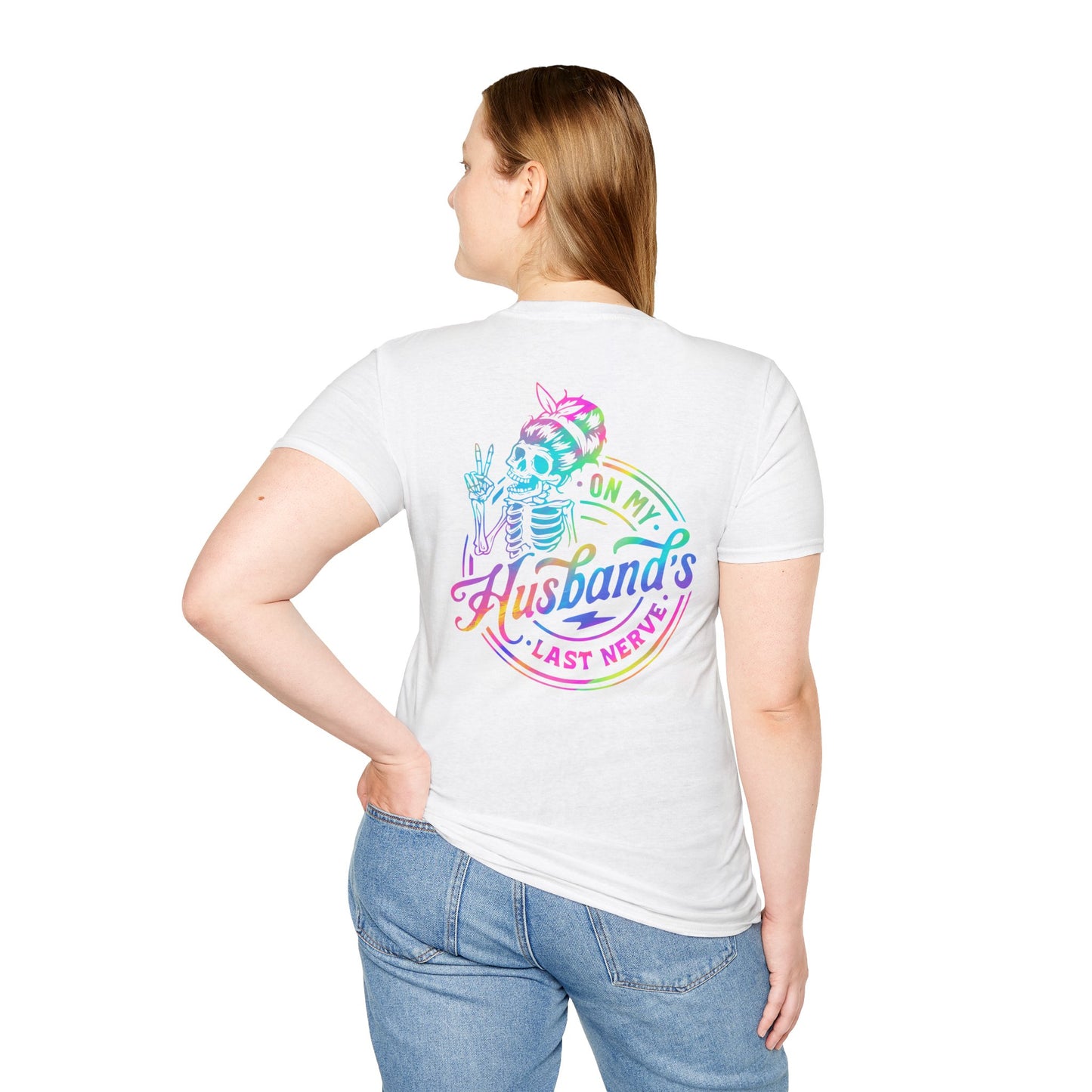 T-Shirt — 'On My Husband's Last Nerve' Rainbow Skeleton Graphic Tee