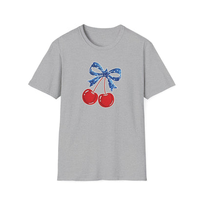 Cherry Graphic T-Shirt — Vintage Red Cherries with Blue Bow