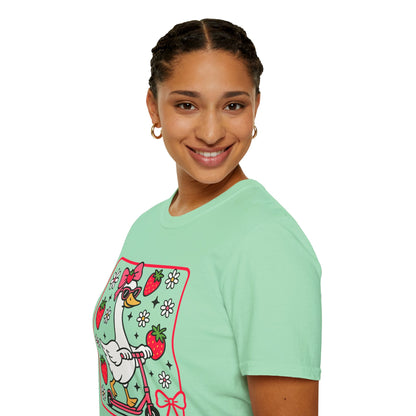 Cute Goose on Scooter T‑Shirt — Strawberry & Bow Graphic Tee