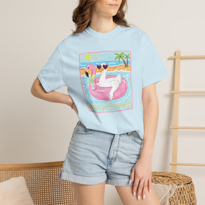 Summer Flamingo Pool Float T-Shirt – ‘Good Vibes & Sunshine’ Beach Tee